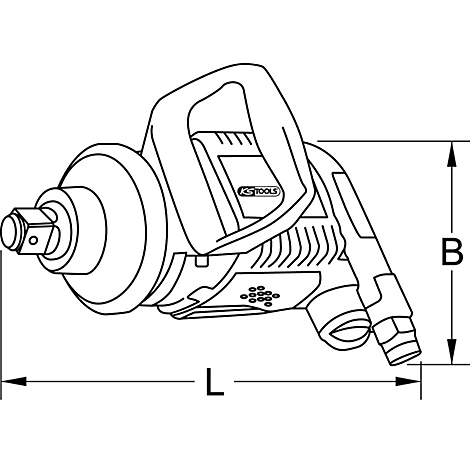 Vue éclatée en noir et blanc d'une clé à chocs pneumatique. Légende avec L et B pour les dimensions, logo KS TOOLS.